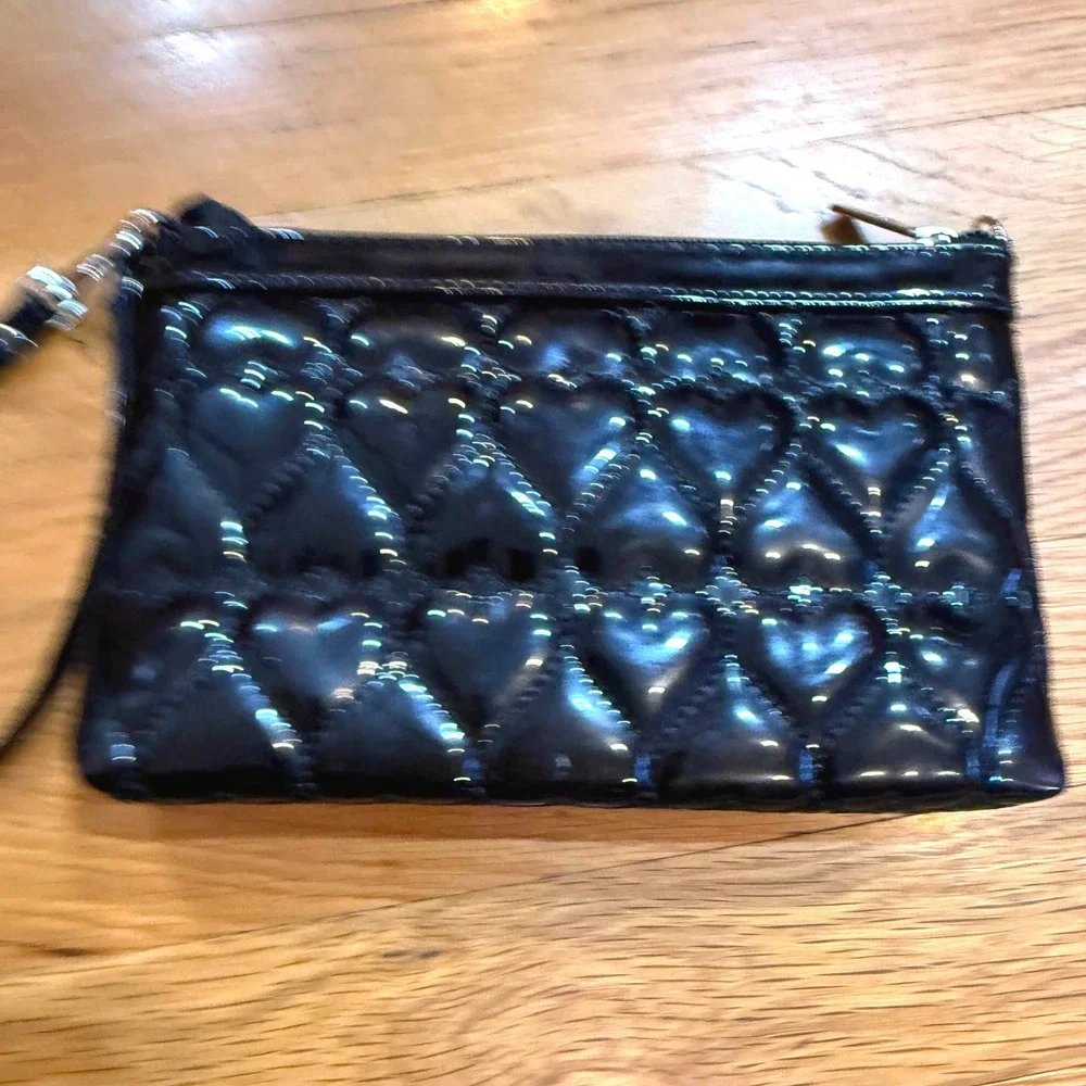 Lulu Guinness Black Patent Heart Quilted Wristlet Clutch Lip Turn Lock Polka Dot